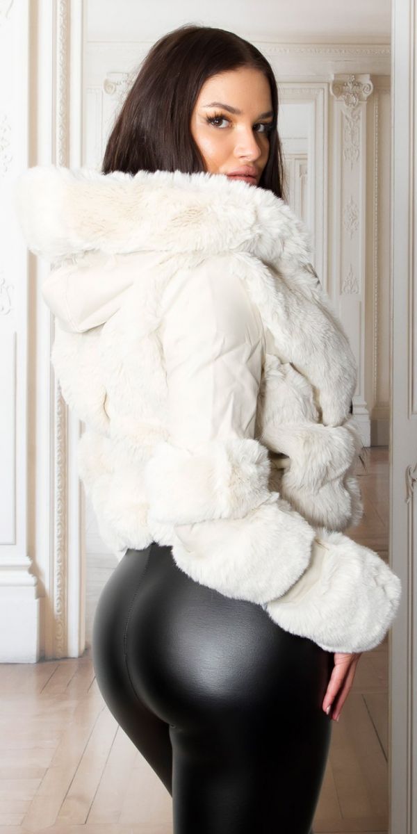 Molett női kabát bézs dögös téli bundás