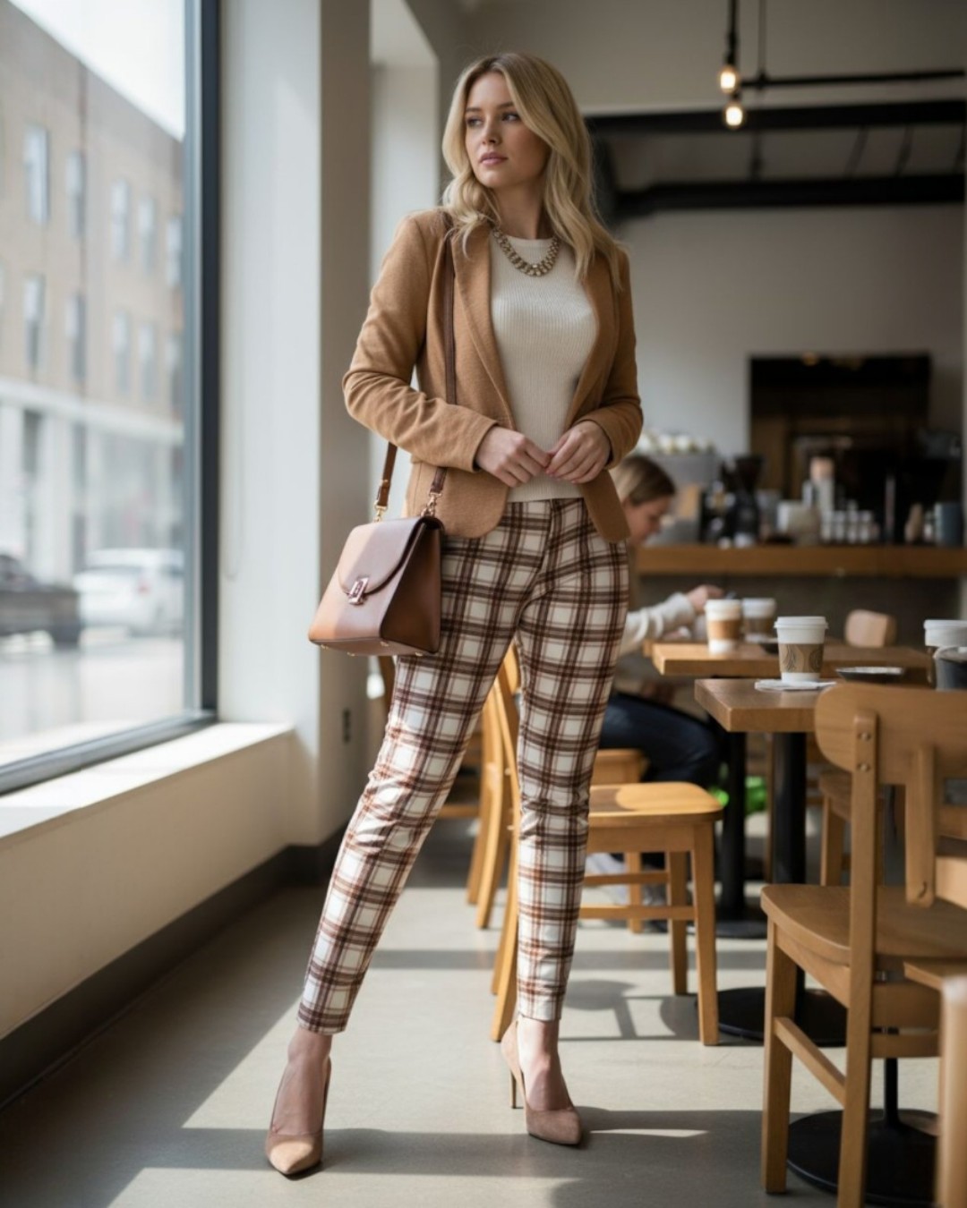 Női leggings barna kockás nadrág