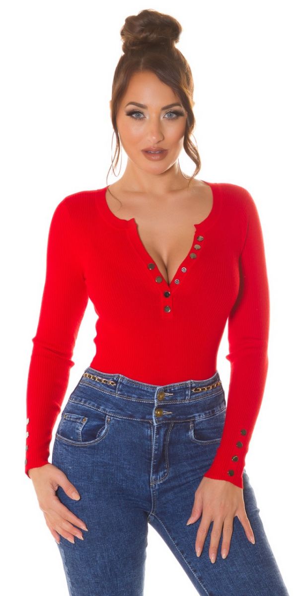 Női pulóver piros gombos díszítéssel
