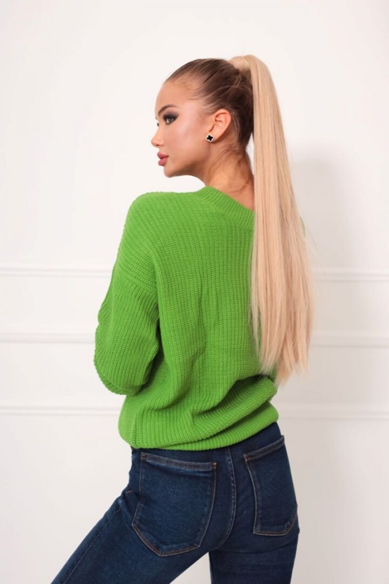 Női pulóver,   v nyakú bordás zöld