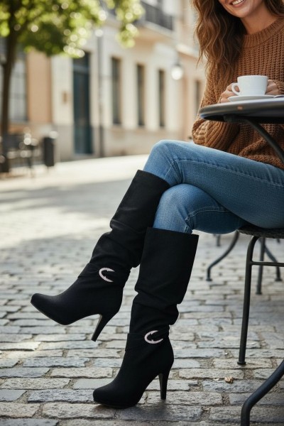 Csizma magassarkú fekete csillogó köves