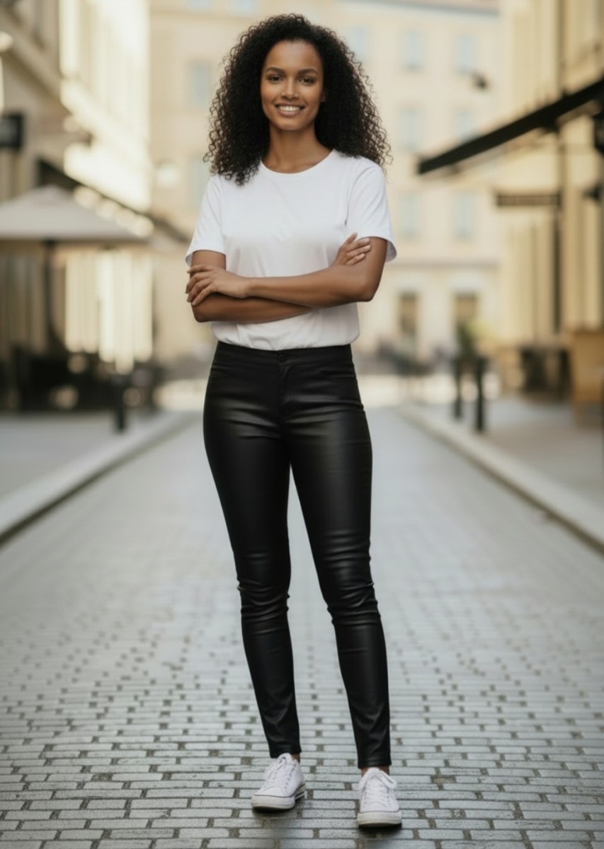 Női nadrág bőrhatású fekete leggings