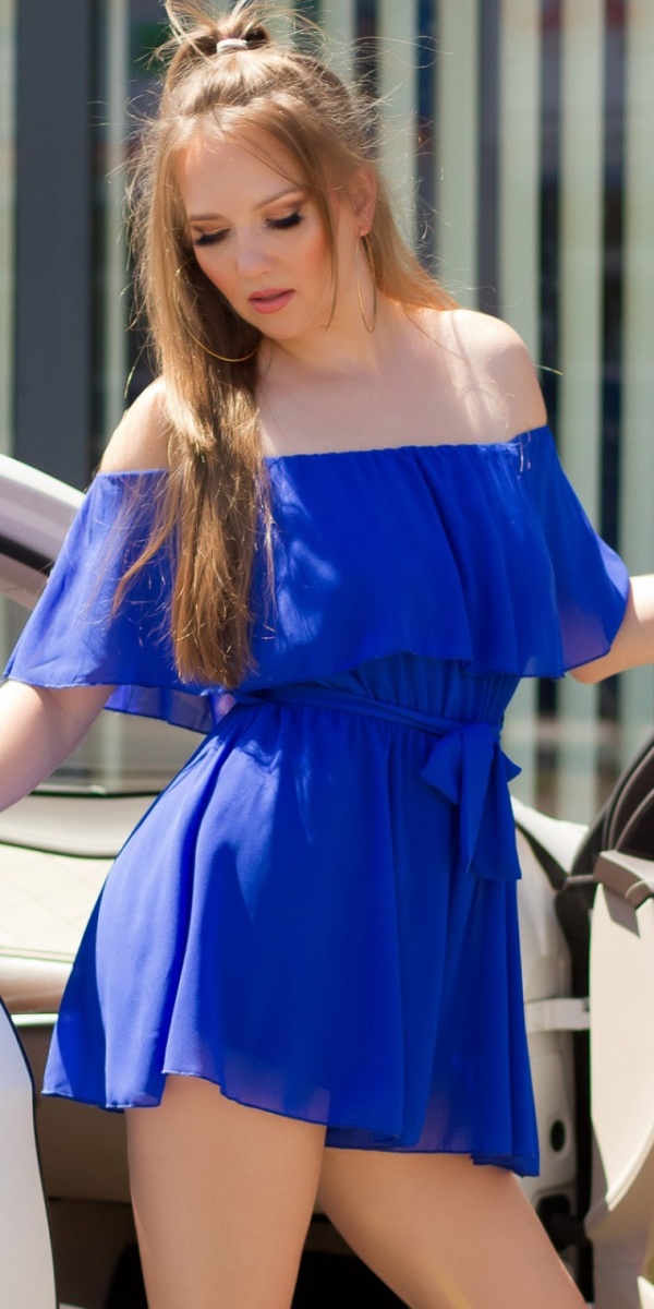 Nyári, mini, vállrahúzós, kék női ruha
