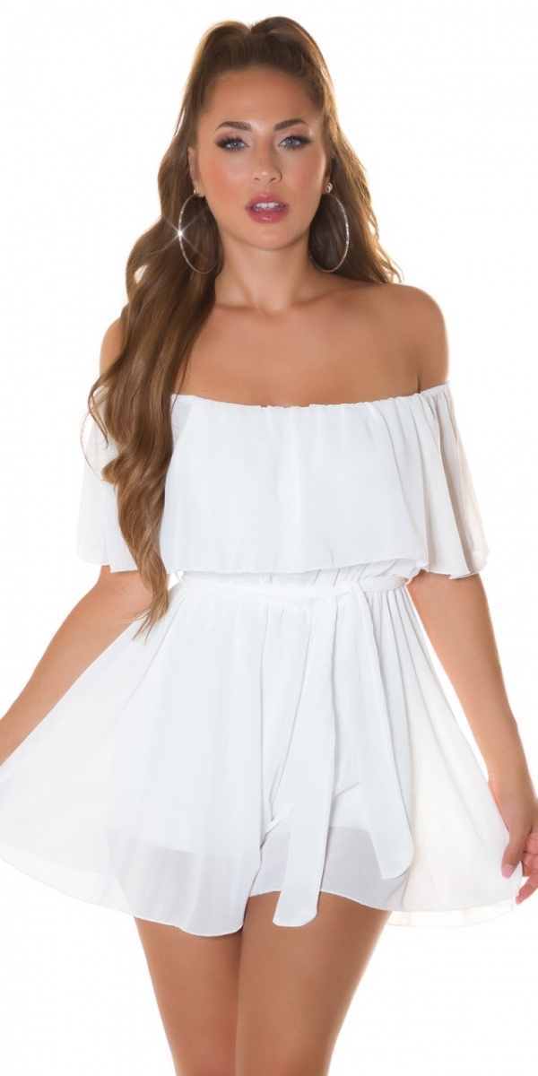 Nyári, mini, vállrahúzós, fehér női ruha